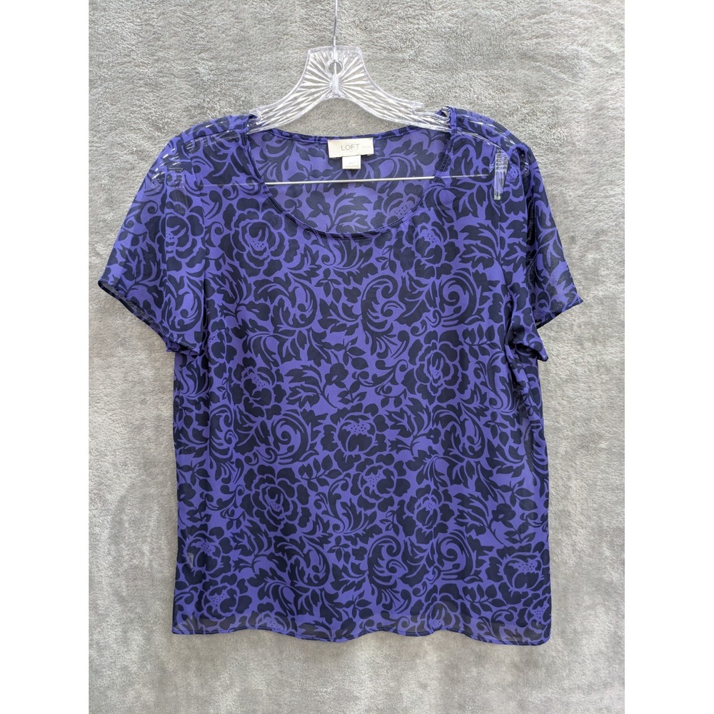 LOFT Purple and Black Floral Short Sleeve Scoop Neck Top